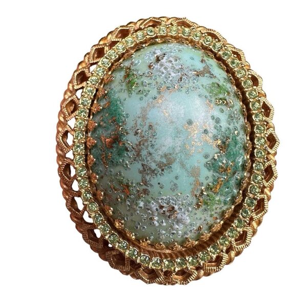 VTG DeNicola Statement Brooch 2.25" Green Easter Egg Cab Rhinestones Gold Plated - Picture 1 of 11